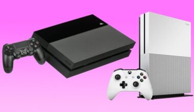 A PS4 and Xbox Series X/S appear over a pink background.