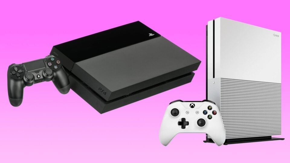 A PS4 and Xbox Series X/S appear over a pink background.