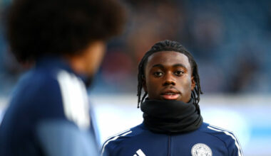 Jeremy Monga of Leicester City looks on as he warms up prior to the Sky Bet Championship match between Queens Park Rangers and Leicester City at Lo...