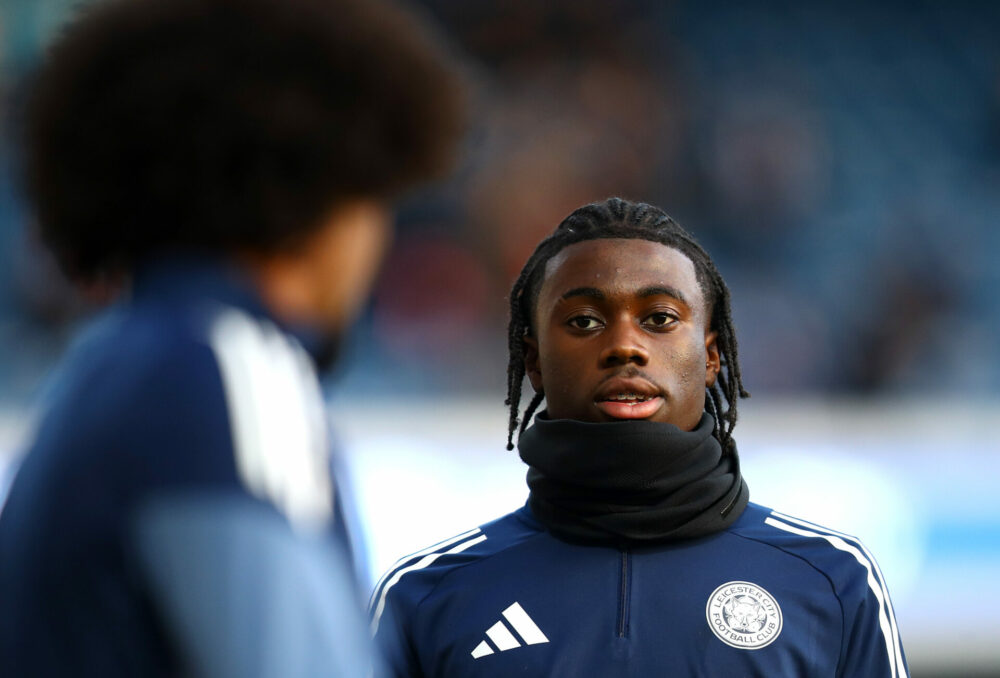Jeremy Monga of Leicester City looks on as he warms up prior to the Sky Bet Championship match between Queens Park Rangers and Leicester City at Lo...