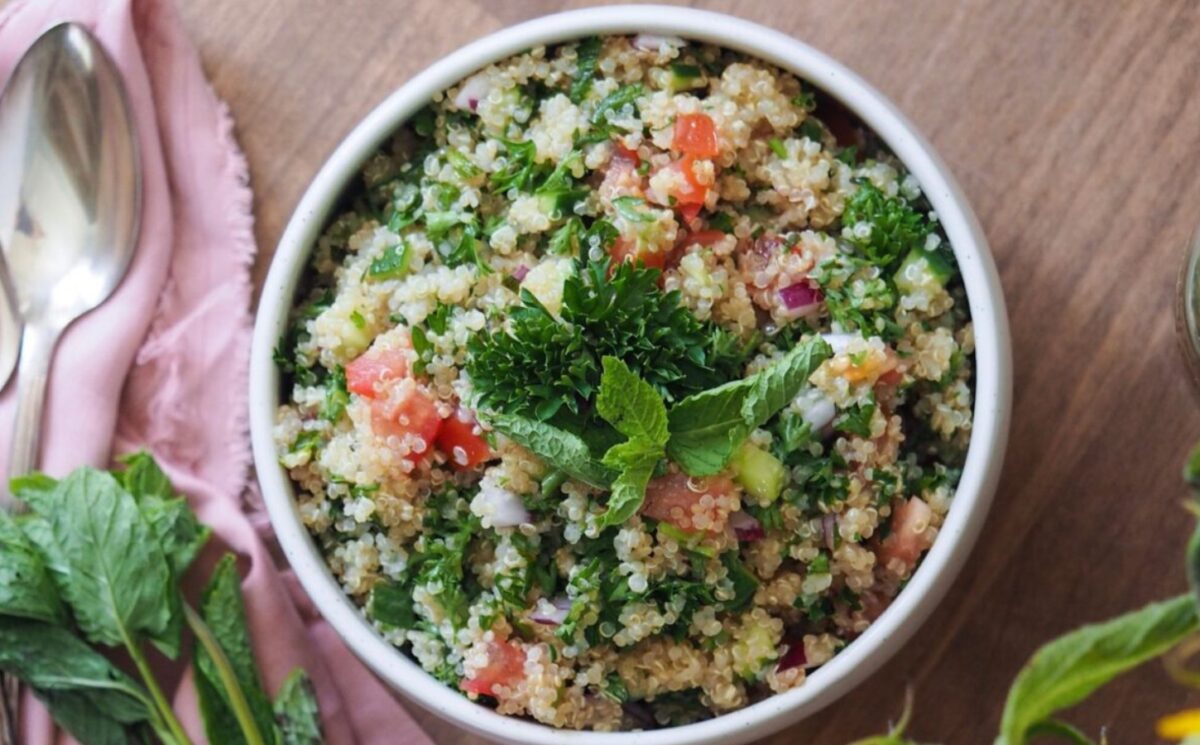 quinoa tabouli with cucumber, tomato and parsley for gluten-free lunch ideas