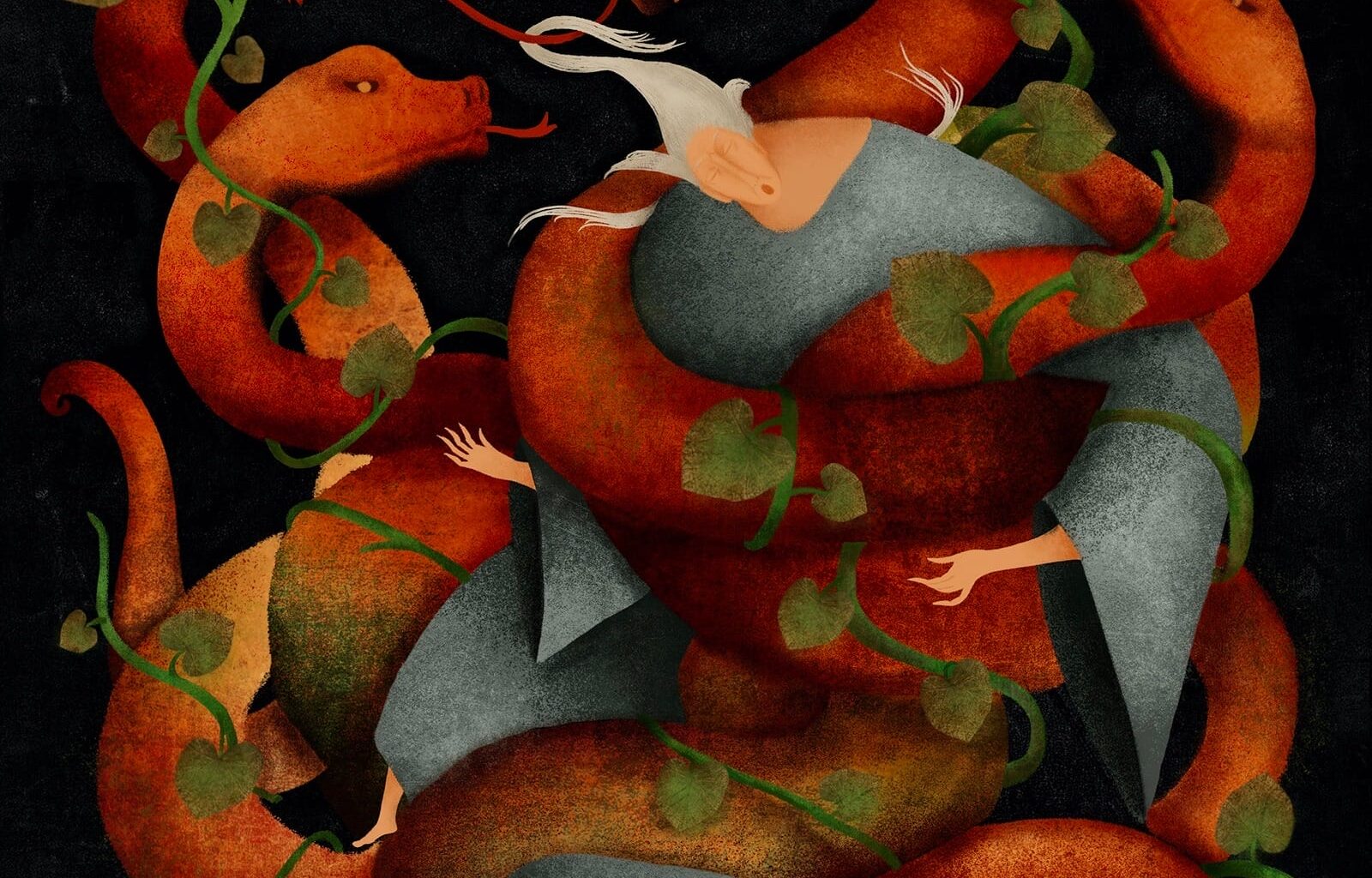 an illustration by Fatinha Ramos of orange serpents in a tangle