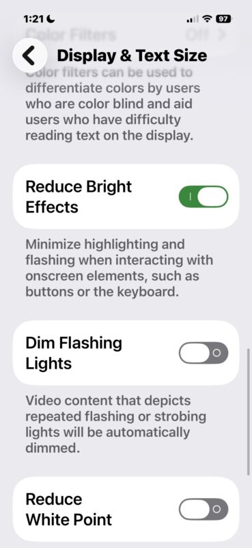 Reduce Bright Effects will eliminate some of the flashing bright visual effects when interacting with Liquid Glass interface on iPhone or iPad