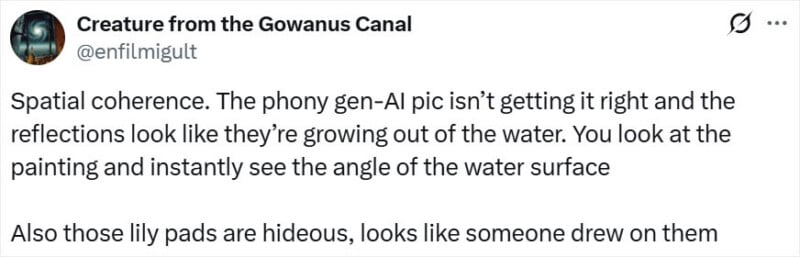 A tweet discusses AI-generated art, criticizing its spatial coherence, unnatural reflections, and poorly depicted lily pads that look drawn on rather than realistic.
