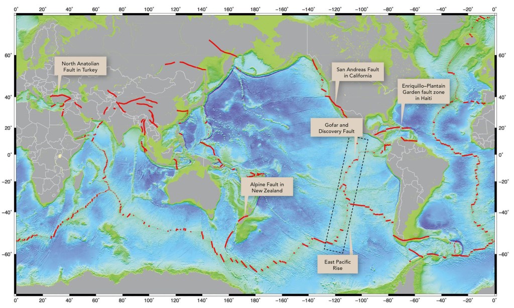 Map of quake zones in red.