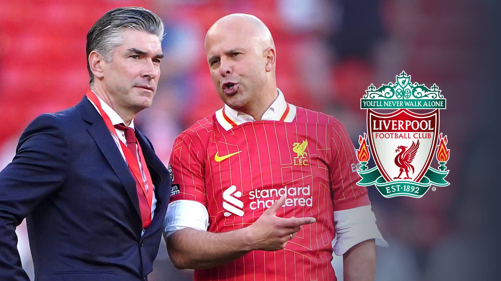 Liverpool duo Richard Hughes and Arne Slot next to the Liverpool badge - copyright TEAMtalk