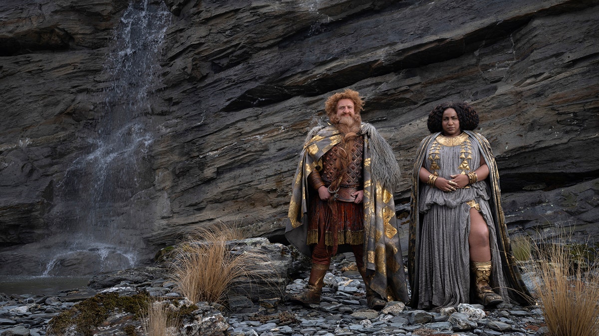 Owain Arthur and Sophia Nomvete acting in a scene from The Lord of the Rings The Rings of Power