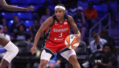 Washington Mystics guard Rori Harmon driving the ball along the perimeter as Dallas Wings forward Awak Kuier uses her length to close down the lane defensively.