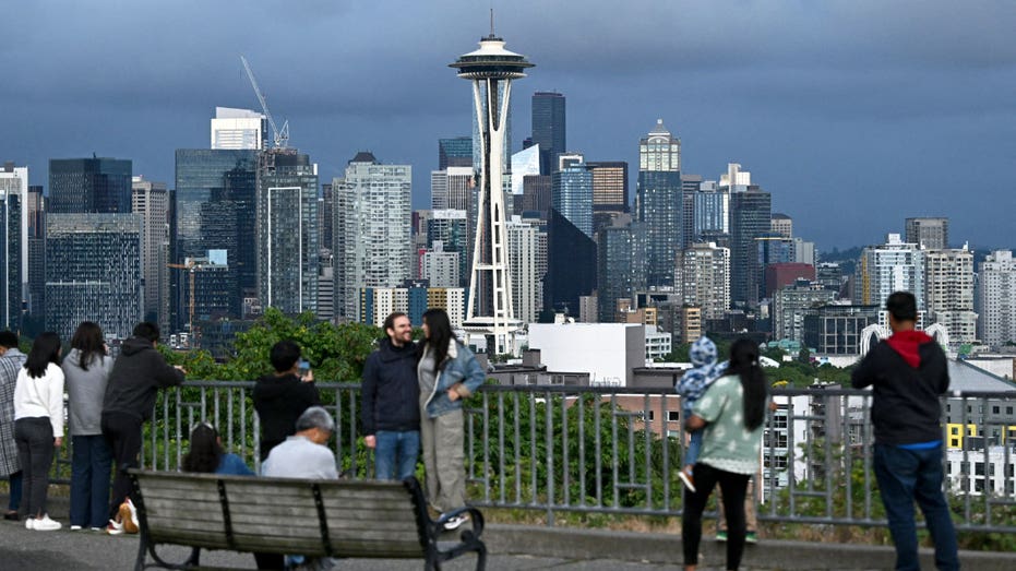 The Seattle skyline as seen at dusk.