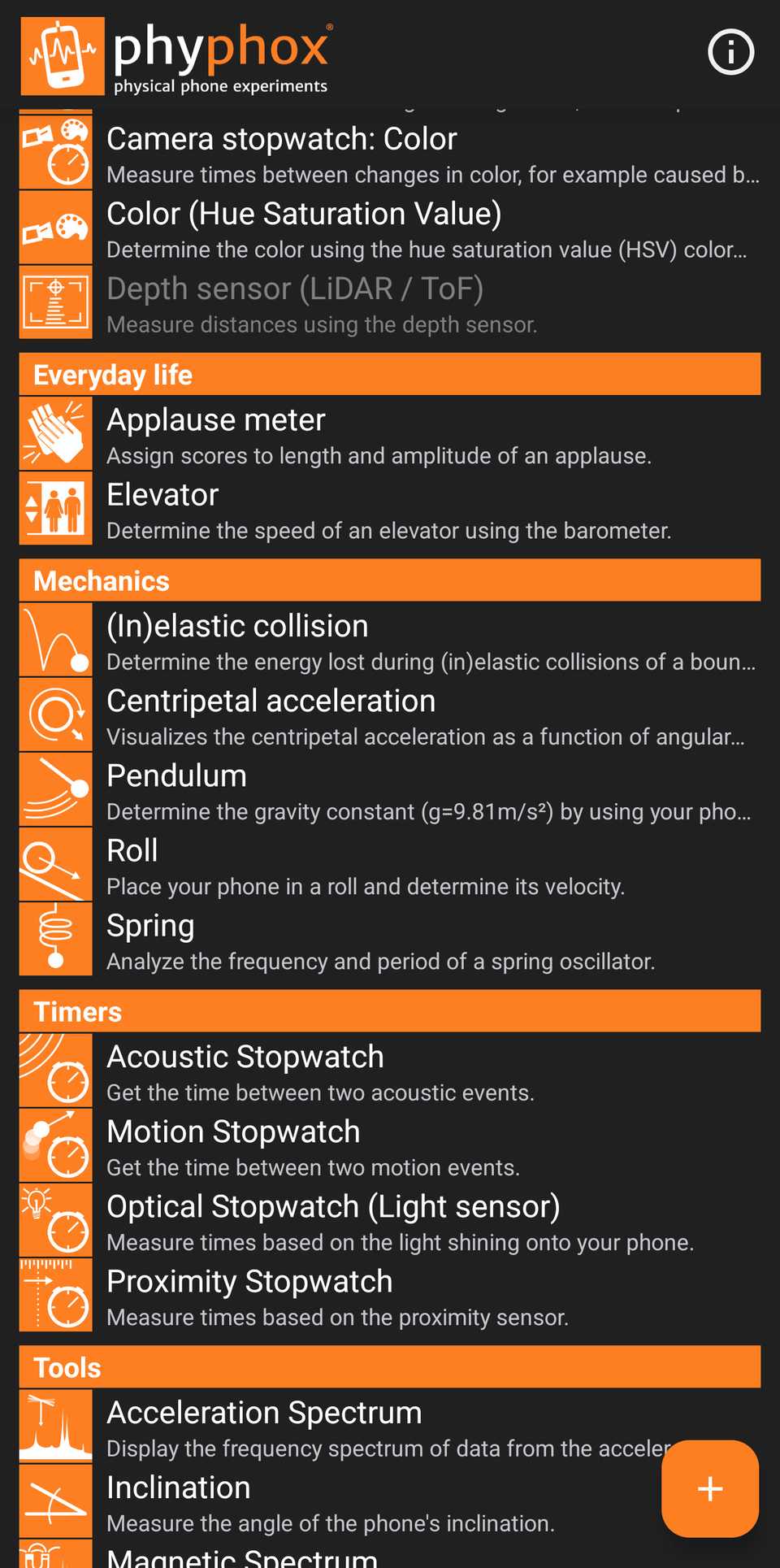 A second page of experiments in Phyphox.