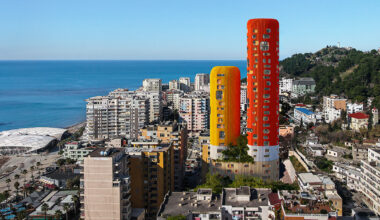 selgascano's sky-K rises as two colorful residential 'chimneys' in albania
