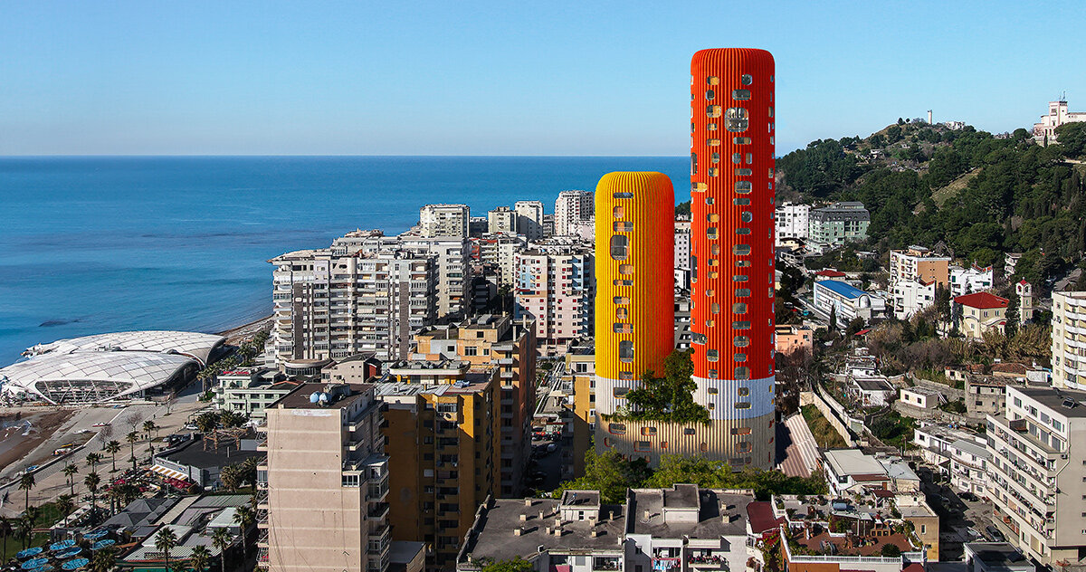selgascano's sky-K rises as two colorful residential 'chimneys' in albania