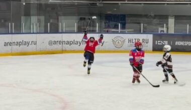 Alex Ovechkin smiles proudly after Ovi Jr goes coast-to-coast to score goal and celebrates during youth hockey game
