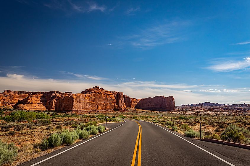 Canyons and eroded sandstone and limestone formations dominate the landscape at Arches National Park near Moab, Utah.