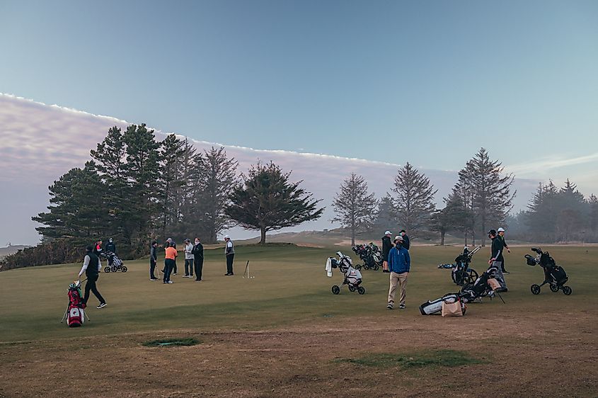 People play golf on Bandon Dunes Sheep Ranch course, Oregon.