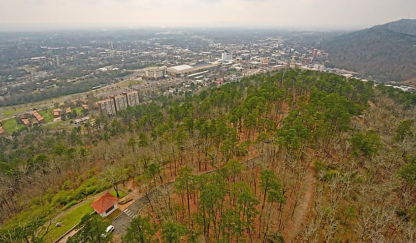 Looking down from Hot Springs Mountain Tower into Hot Springs Village in Hot Springs National Park, Arkansas.