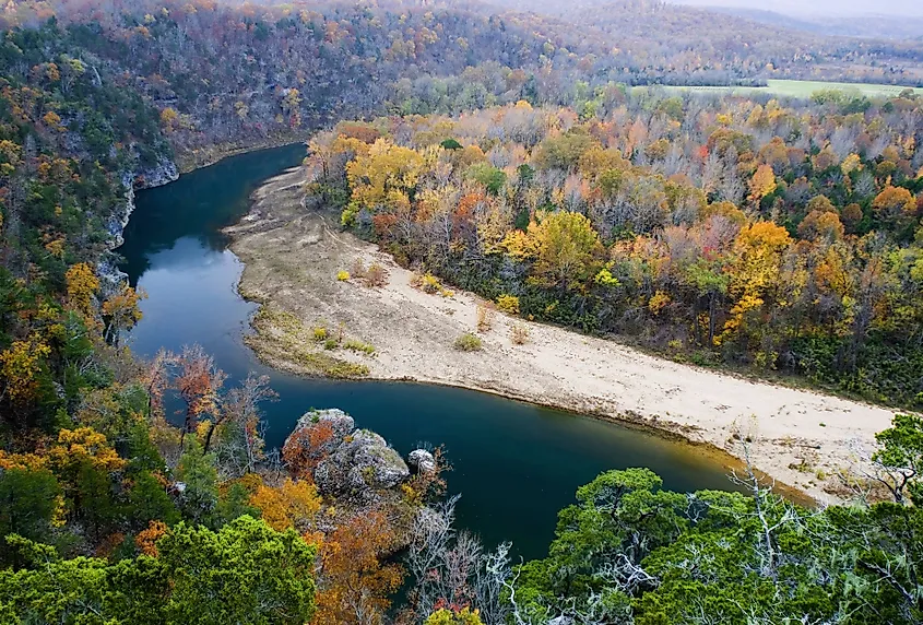 A view of late fall colors from atop the Tie Slide Overlook, Buffalo National River, Arkansas
