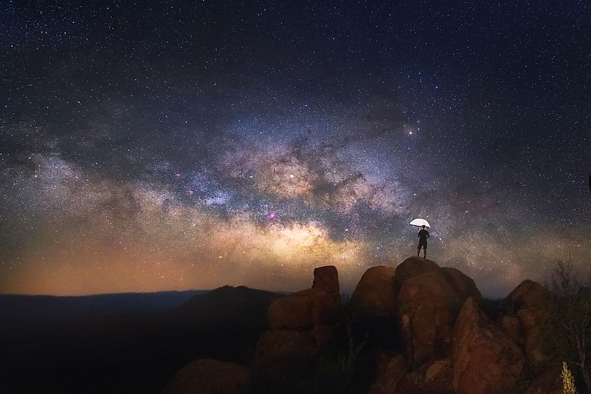 Milky way at Balanced Rock, Big Bend National park, Texas USA. Constellation and galaxy