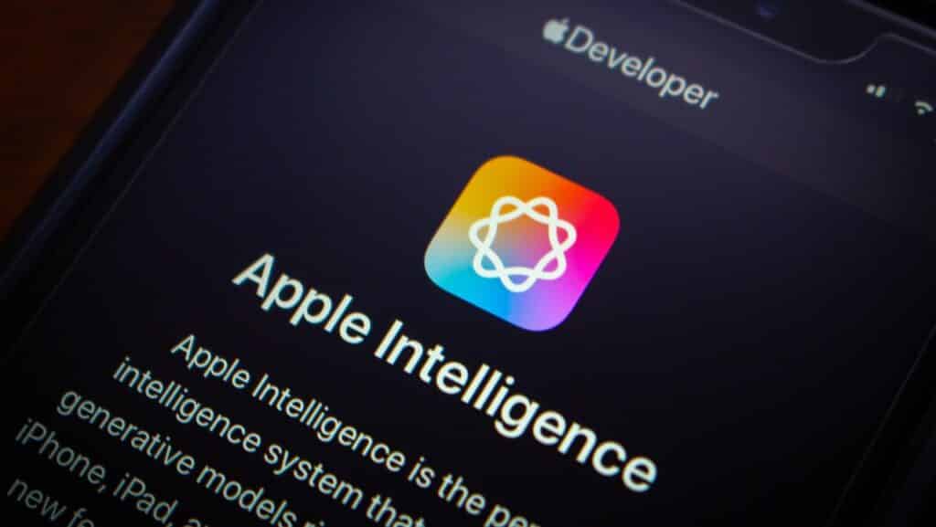 Apple Intelligence website is displayed in an iPhone. Apple Intelligence is AI system features designed to enhance UX across its devices (iPhone, iPad, and Mac)