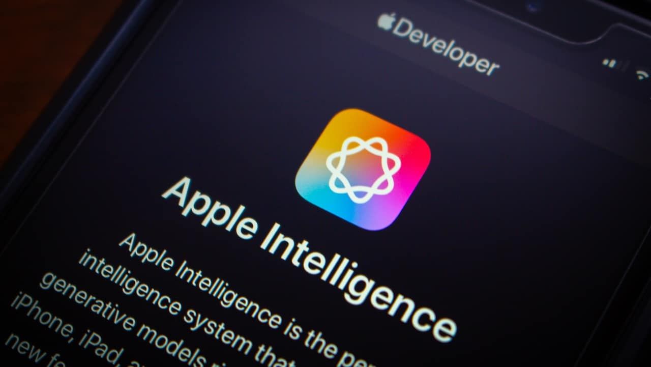Apple Intelligence website is displayed in an iPhone. Apple Intelligence is AI system features designed to enhance UX across its devices (iPhone, iPad, and Mac)