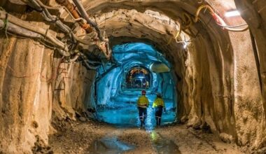 Mines in Greece with miners walking through