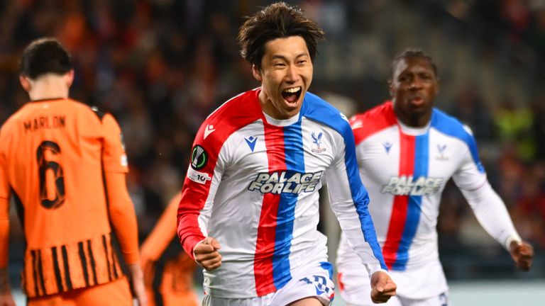 Crystal Palace's Daichi Kamada celebrates scoring the second goal against Shakhtar Donetsk