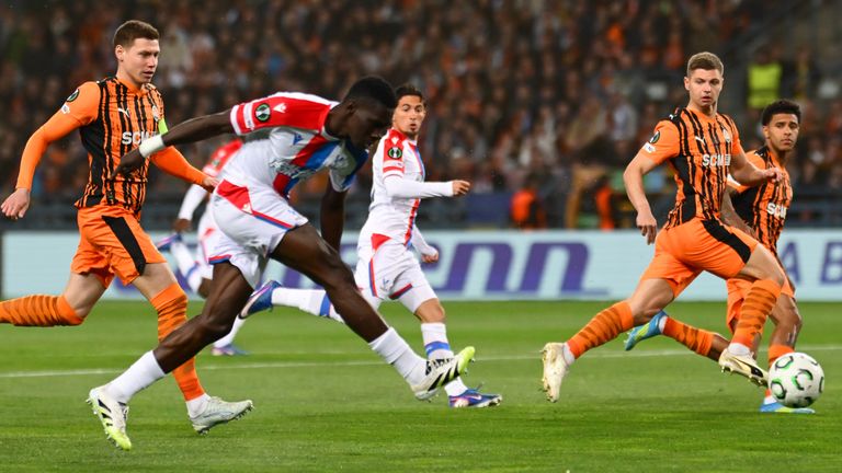 Crystal Palace's Ismaila Sarr scores against Shakhtar Donetsk