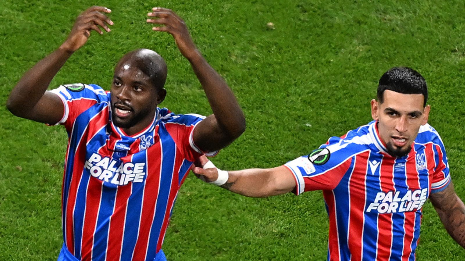 Jean Philippe-Mateta (left) celebrates giving Crystal Palace the lead against Rayo Vallecano