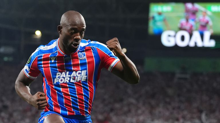 JP Mateta opens the scoring for Crystal Palace in the Conference League final