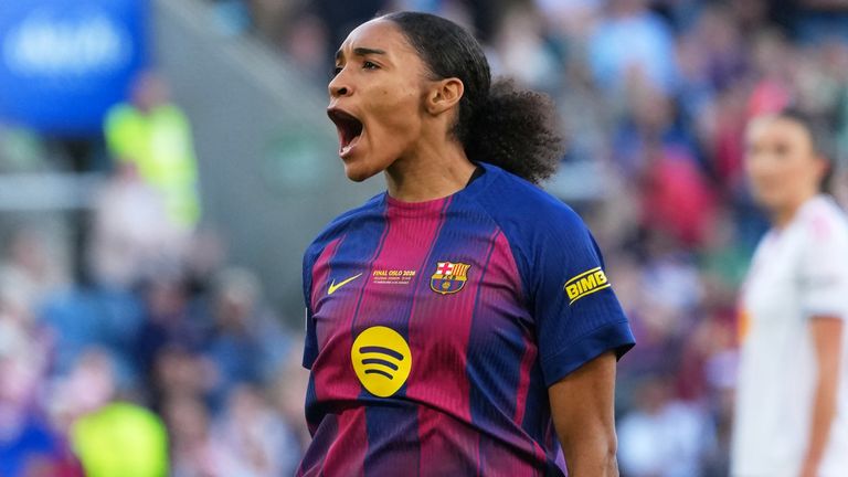 Barcelona's Salma Paralluelo celebrates after scoring her side's third goal