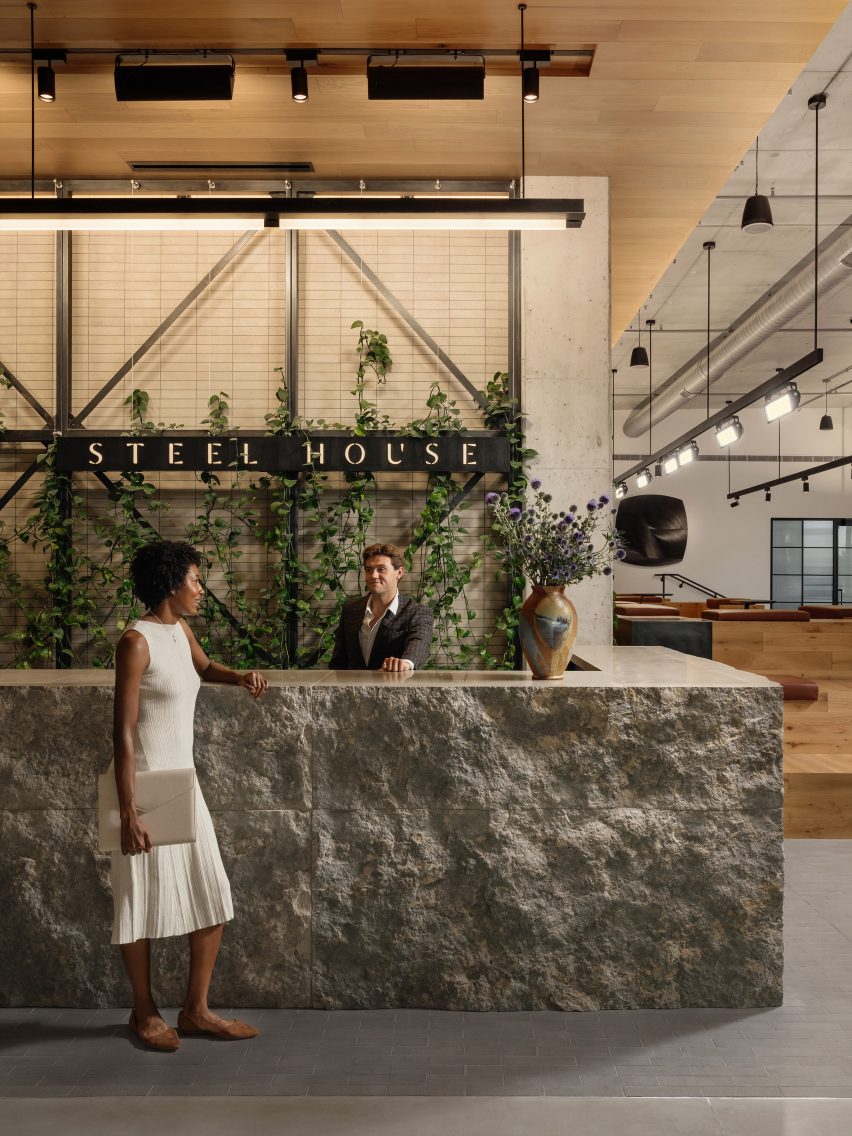 Stone reception desk in an office building
