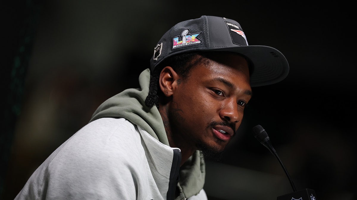 Stefon Diggs speaking to media at Super Bowl LX Opening Night in San Jose