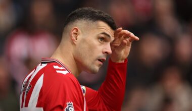 Granit Xhaka of Sunderland looks on during the Premier League match between Sunderland and Crystal Palace at Stadium of Light on January 17, 2026 i...