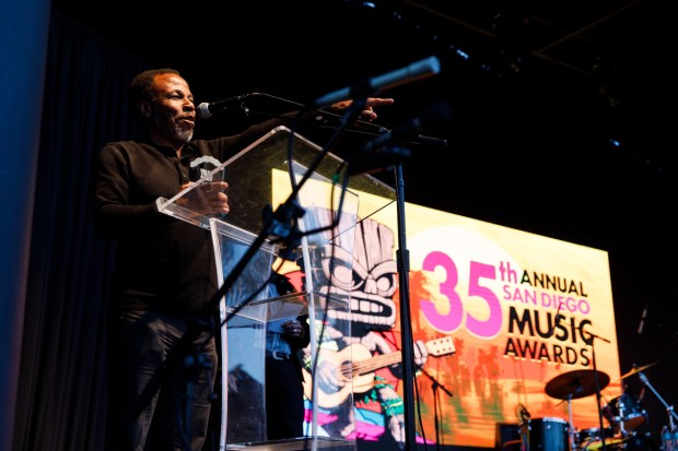 Leonard Patton speaks to the crowd after winning Best Jazz Artist honors at the 35th annual San Diego Music Awards at Humphreys Concerts By The Bay in Shelter Island on Wednesday, May 6, 2026. (Kristian Carreon / The San Diego Union-Tribune)
