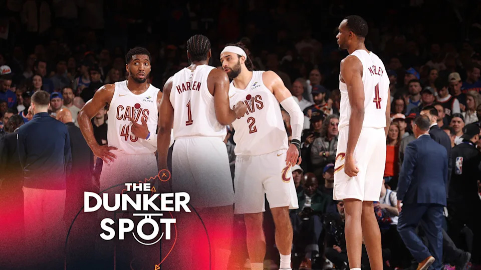 Donovan Mitchell #45, James Harden #1 ,Max Strus #2 and Evan Mobley #4 of the Cleveland Cavaliers talk during the game against the New York Knicks during Game 2 of the NBA Eastern Conference Finals on May 21, 2026 at Madison Square Garden in New York City, New York.