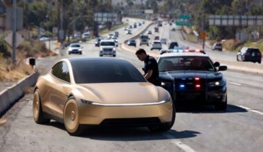 Concept rendering of Tesla Cybercab being cited by CA Highway Patrol (Credit: Grok)