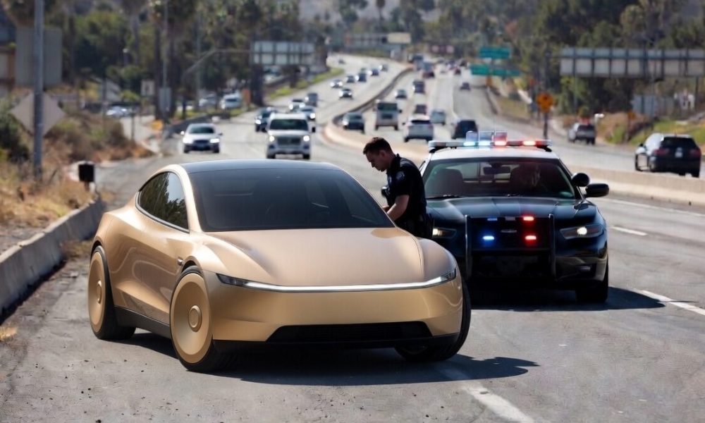 Concept rendering of Tesla Cybercab being cited by CA Highway Patrol (Credit: Grok)