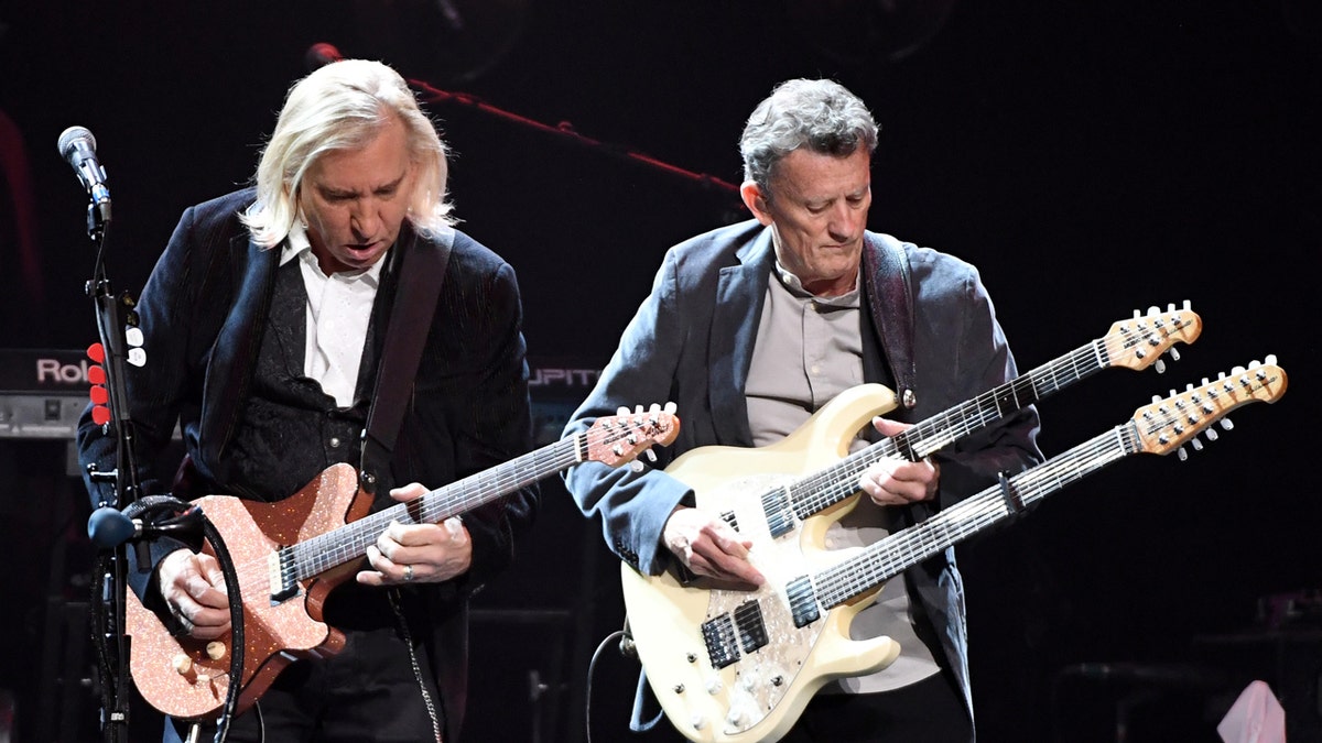 Guitarist Joe Walsh and guitarist Steuart Smith performing on stage at MGM Grand Garden Arena