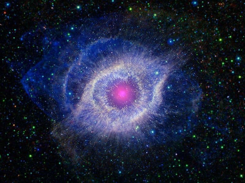The Helix nebula, imaged here, lies 650 light-years away in the constellation Aquarius. Also known as NGC 7293, it is a typical example of planetary nebulae. NASA/JPL-Caltech
