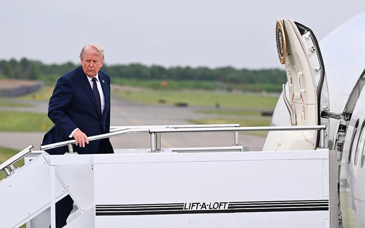 U.S. President Donald Trump boards Air Force One at Morristown Airport after delivering remarks at SUNY Rockland Community College on May 22, 2026 in Morristown, New Jersey.