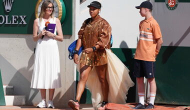Osaka's latest French Open fashion ensemble includes ivory train, gold jacket
