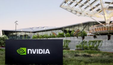 Nvidia logo on a black sign outside of company headquarters.