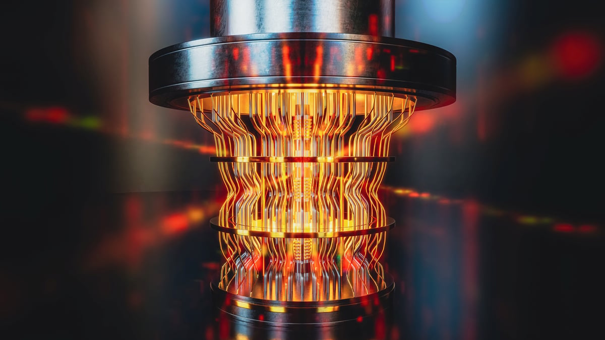 A light pings through a quantum-computer looking piece of hardware.