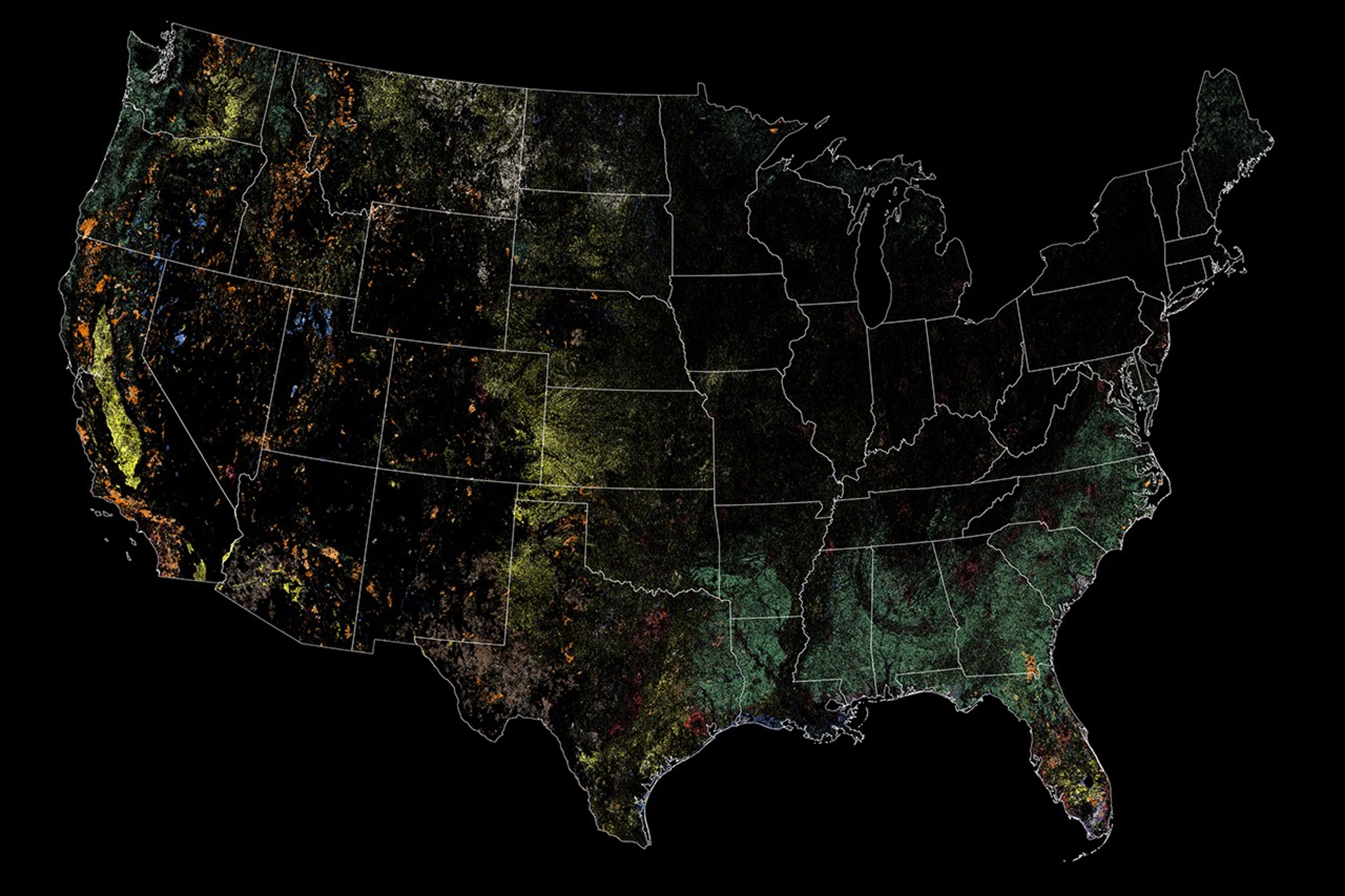 A map of the United States with a color-coded overlay showing the most recent type of land disturbance detected between 1998 and 2022, broken down into several types of wild disturbances and human-directed changes.