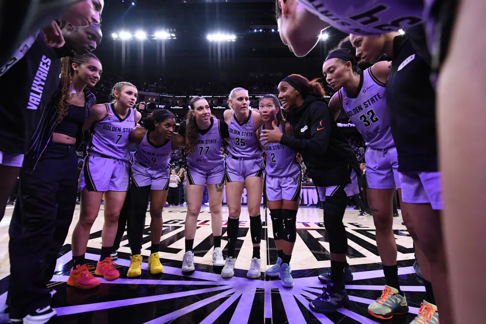 The Golden State Valkyries huddle up after the game against the Seattle Storm during a 2026 preseason game on April 25, 2026