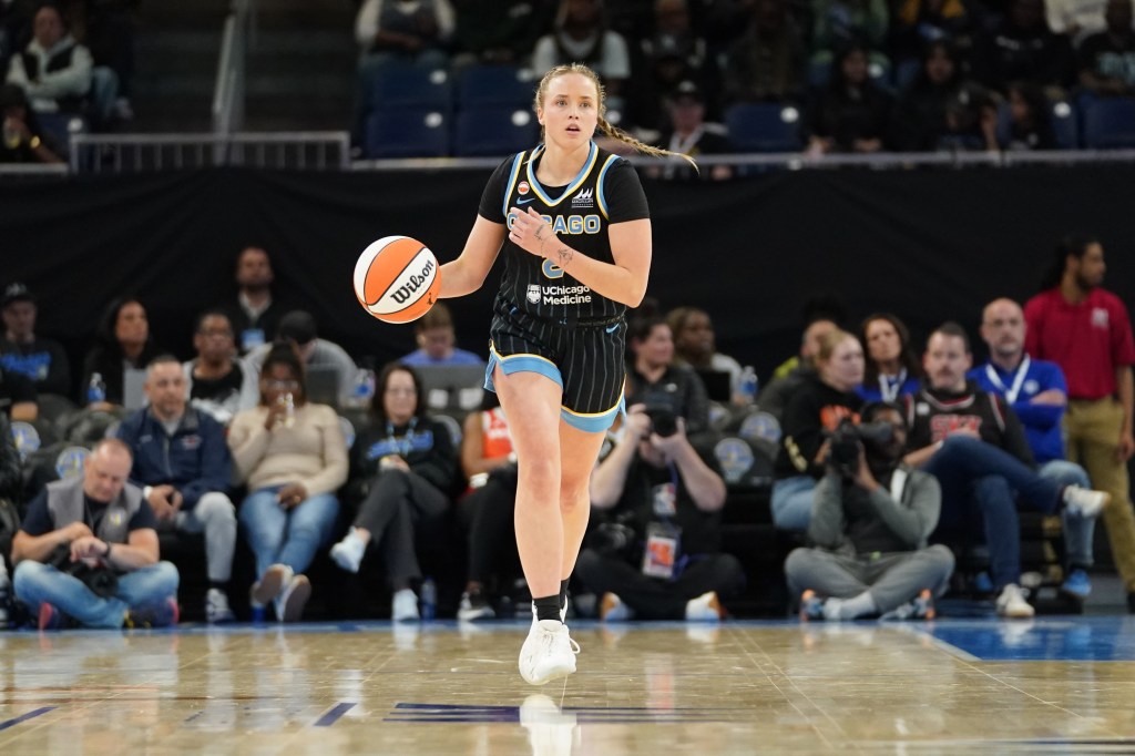 Hailey Van Lith of the Chicago Sky dribbles the ball during a preseason game.