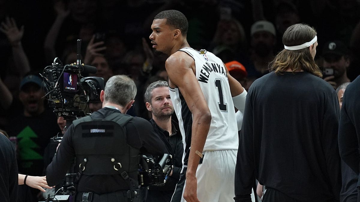 San Antonio Spurs forward Victor Wembanyama reacting after ejection during NBA playoff game