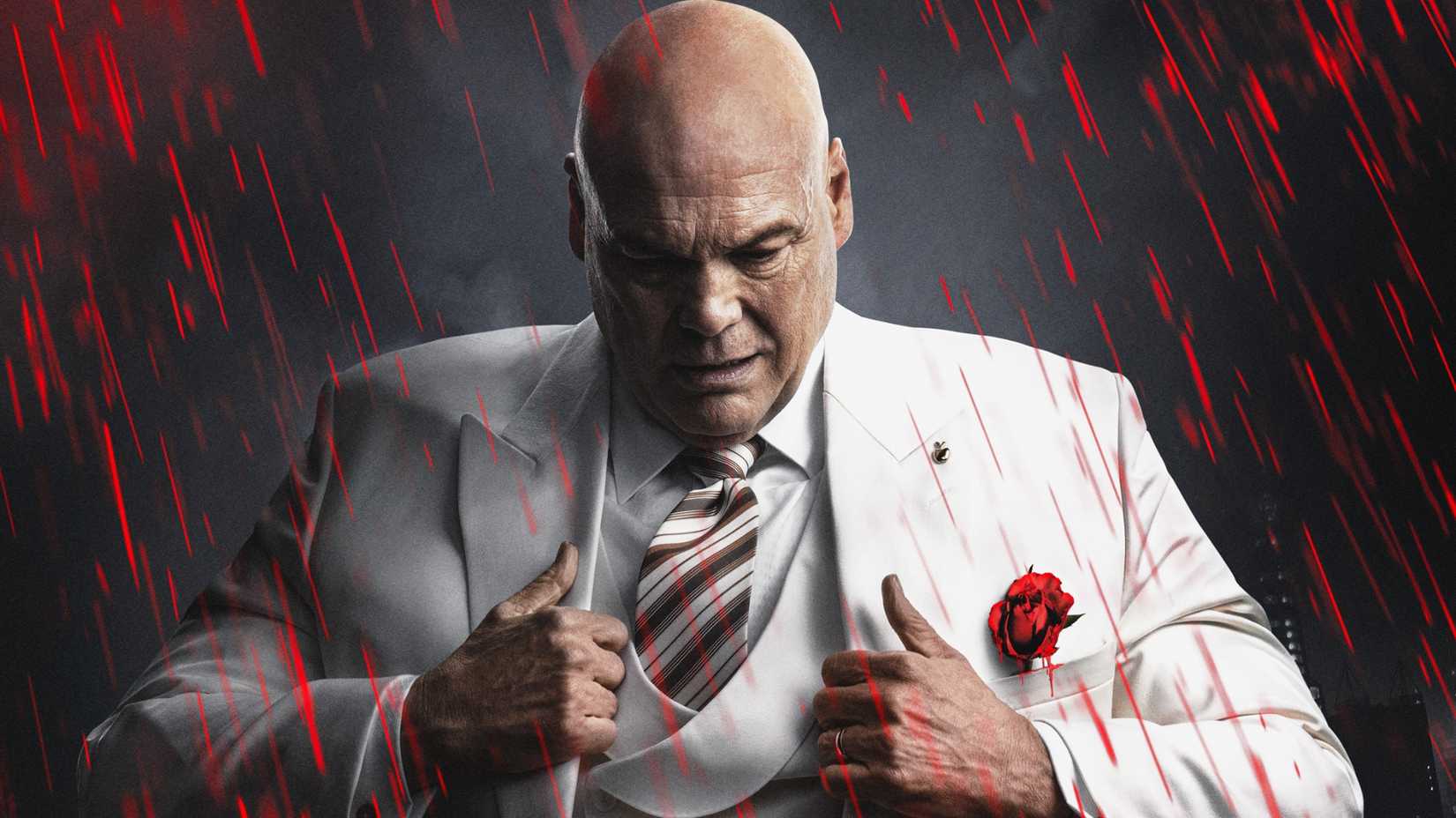 Vincent D'Onofrio in a white powerful suit as Wilson Fisk Kingpin in Daredevil Born Again season 2