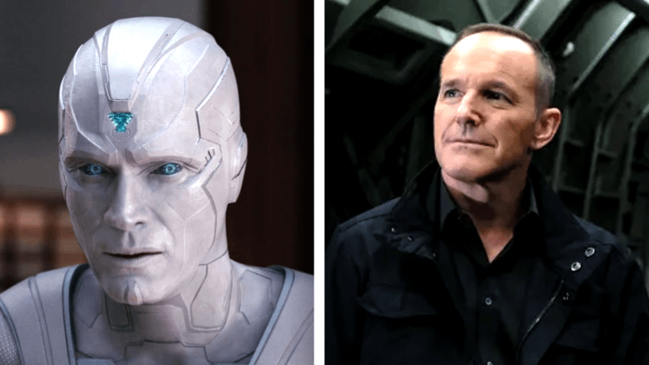Paul Bettany as White Vision on the left and Clark Gregg as Phil Coulson on the right.