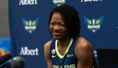 Dulcy Fankam Mendjiadeu posing in her Dallas Wings jersey during 2026 Media Day.